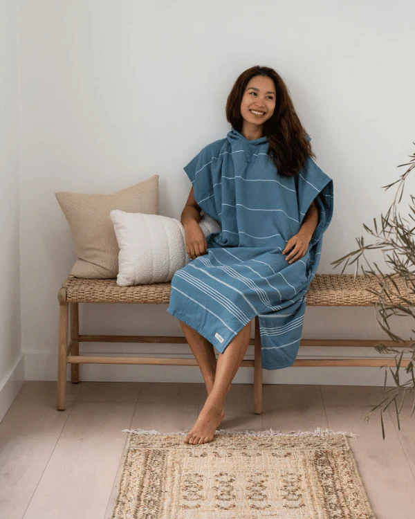 Classic Stripe Hooded Poncho Slate Blue - Image 8