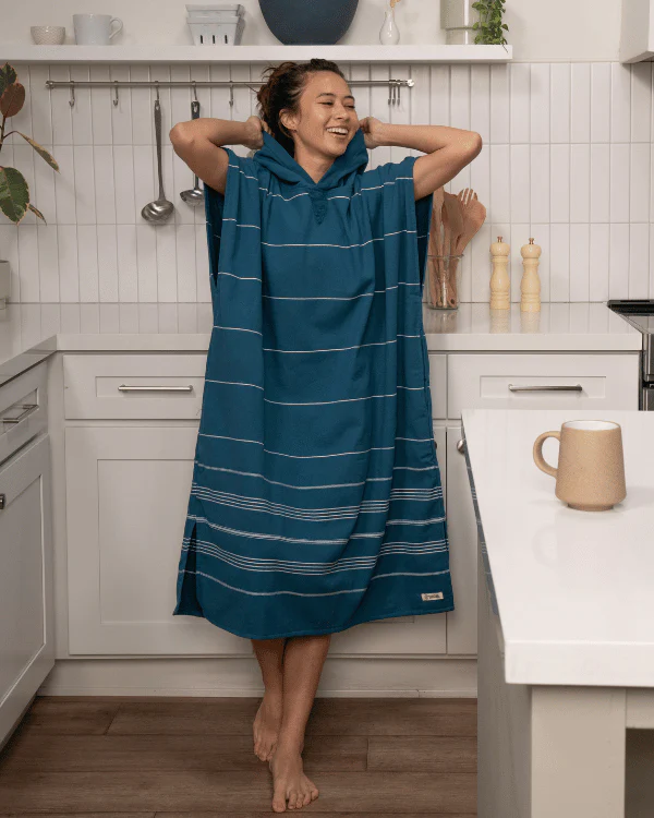 Classic Stripe Hooded Poncho Teal Blue - Image 7