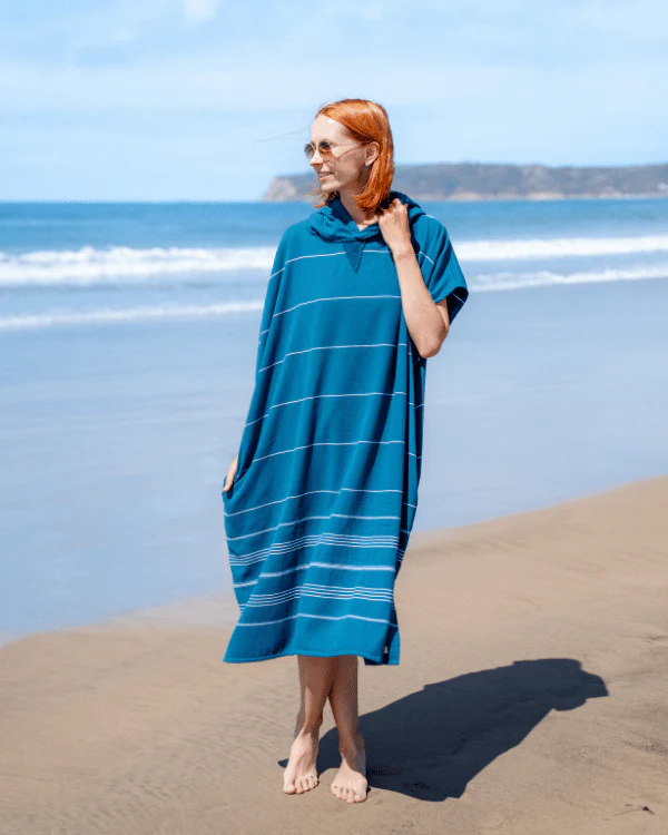 Classic Stripe Hooded Poncho Teal Blue - Image 9
